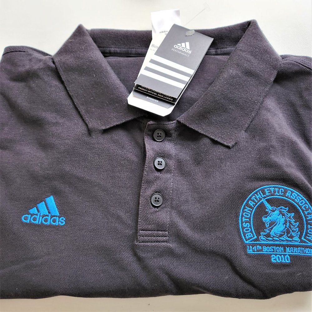NWT Men Polo Top Adidas Running Size L Boston Marathon 2010 RETRO P55257 Black